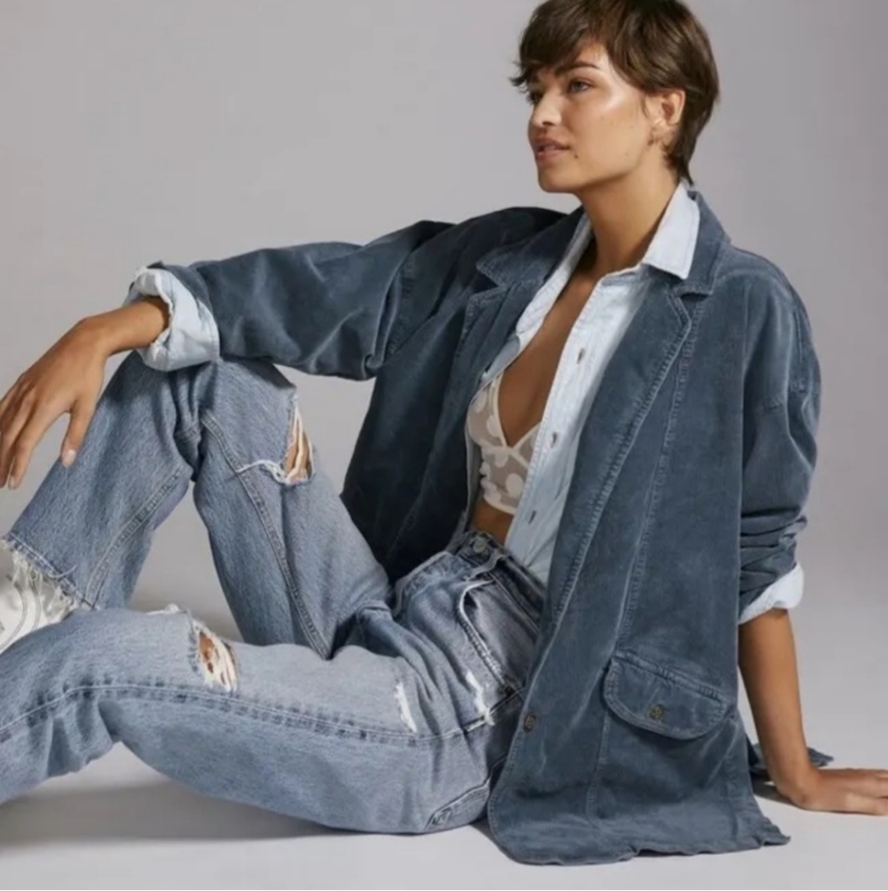 Anthropologie Pilcro Oversized Corduroy Blazer Jacket Coat Shacket Blue